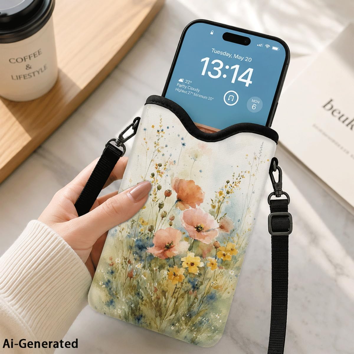 Neoprene Phone Sleeve Pouch Case Bag for Women Men with Crossbody Strap, 7.1x3.9 in, Shockproof Black Cat Mobile Protection Case Bag with Neck Lanyard, Black Cat Garden, Gift for Cats Lovers - Colors A