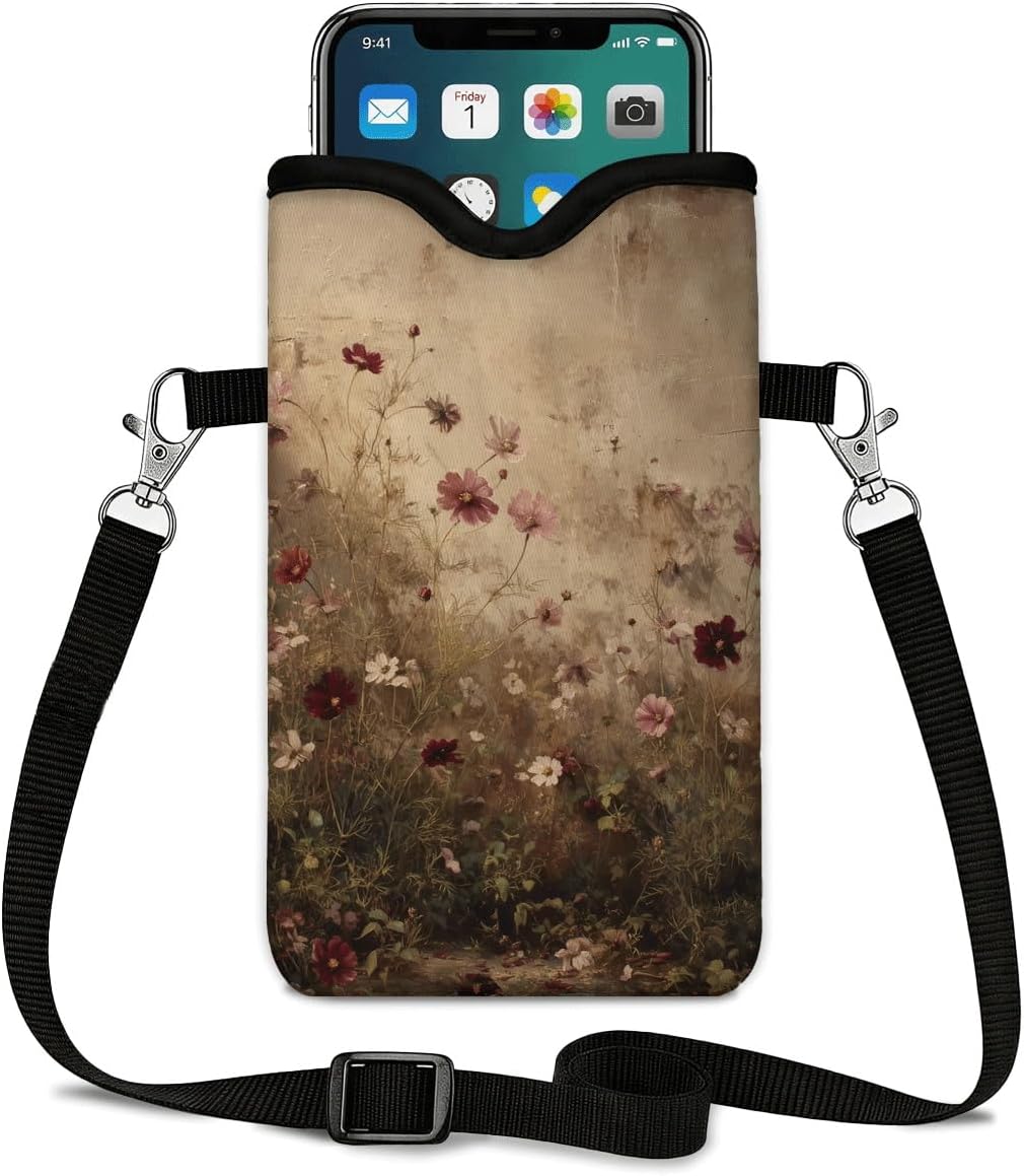 Neoprene Phone Sleeve Pouch Case Bag for Women Men with Crossbody Strap, 7.1x3.9 in, Shockproof Black Cat Mobile Protection Case Bag with Neck Lanyard, Black Cat Garden, Gift for Cats Lovers - Colors A