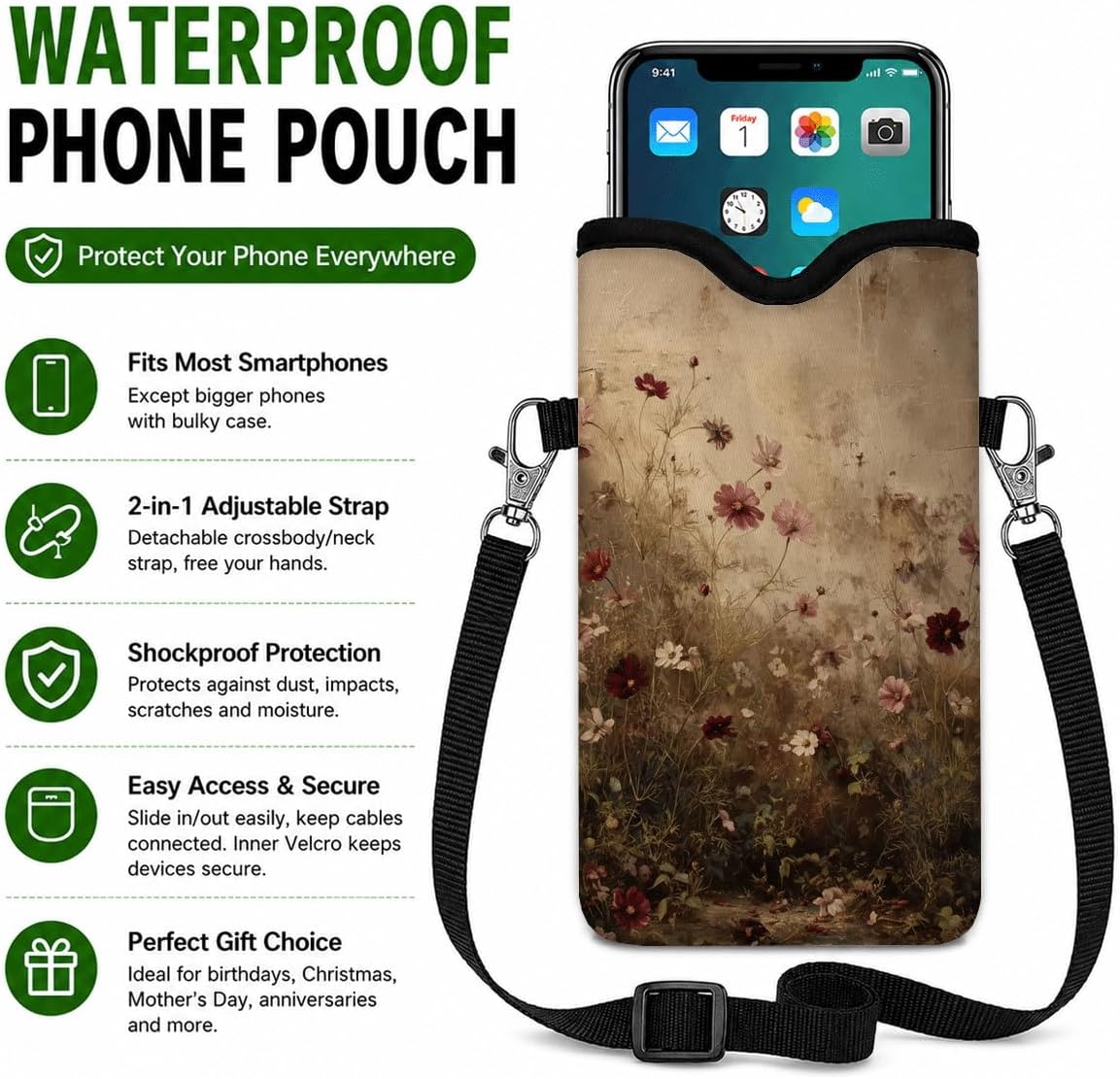 Neoprene Phone Sleeve Pouch Case Bag for Women Men with Crossbody Strap, 7.1x3.9 in, Shockproof Black Cat Mobile Protection Case Bag with Neck Lanyard, Black Cat Garden, Gift for Cats Lovers - Colors A