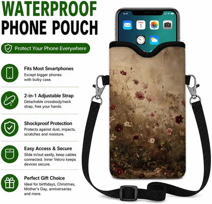 Neoprene Phone Sleeve Pouch Case Bag for Women Men with Crossbody Strap, 7.1x3.9 in, Shockproof Black Cat Mobile Protection Case Bag with Neck Lanyard, Black Cat Garden, Gift for Cats Lovers - Colors A