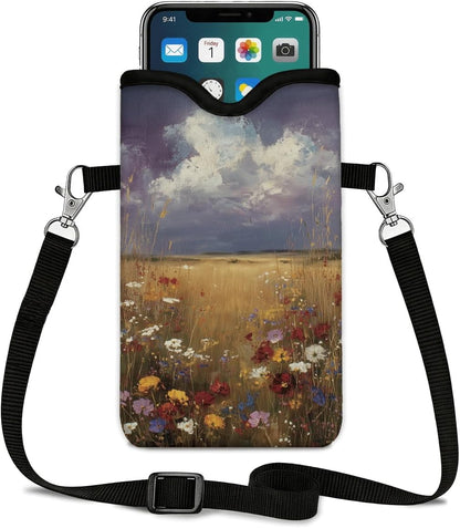 Neoprene Phone Sleeve Pouch Case Bag for Women Men with Crossbody Strap, 7.1x3.9 in, Shockproof Black Cat Mobile Protection Case Bag with Neck Lanyard, Black Cat Garden, Gift for Cats Lovers - Colors A