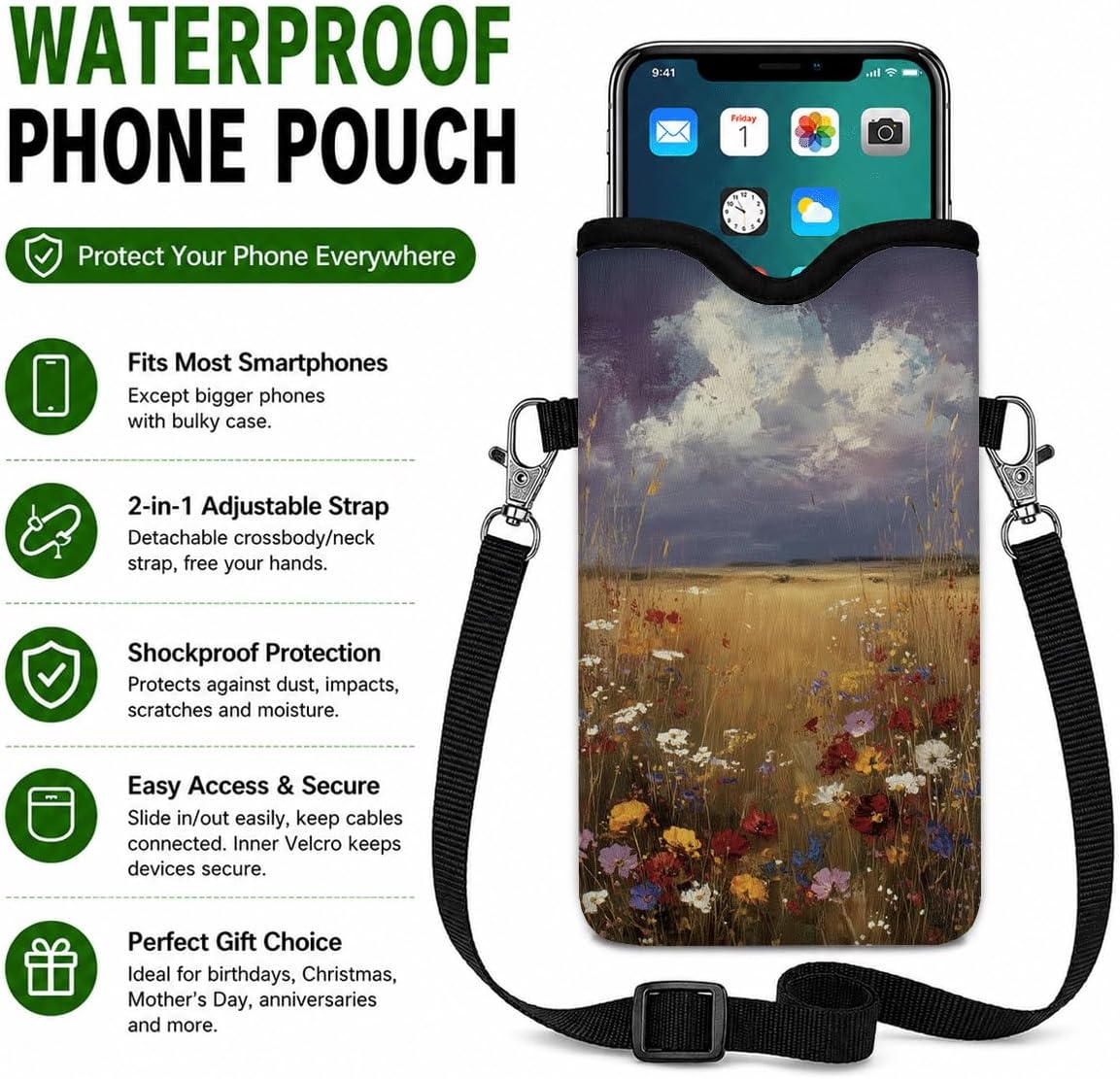 Neoprene Phone Sleeve Pouch Case Bag for Women Men with Crossbody Strap, 7.1x3.9 in, Shockproof Black Cat Mobile Protection Case Bag with Neck Lanyard, Black Cat Garden, Gift for Cats Lovers - Colors A