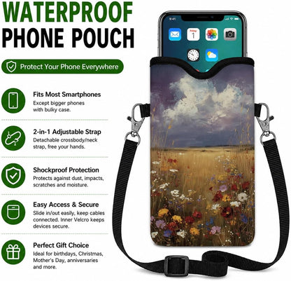 Neoprene Phone Sleeve Pouch Case Bag for Women Men with Crossbody Strap, 7.1x3.9 in, Shockproof Black Cat Mobile Protection Case Bag with Neck Lanyard, Black Cat Garden, Gift for Cats Lovers - Colors A