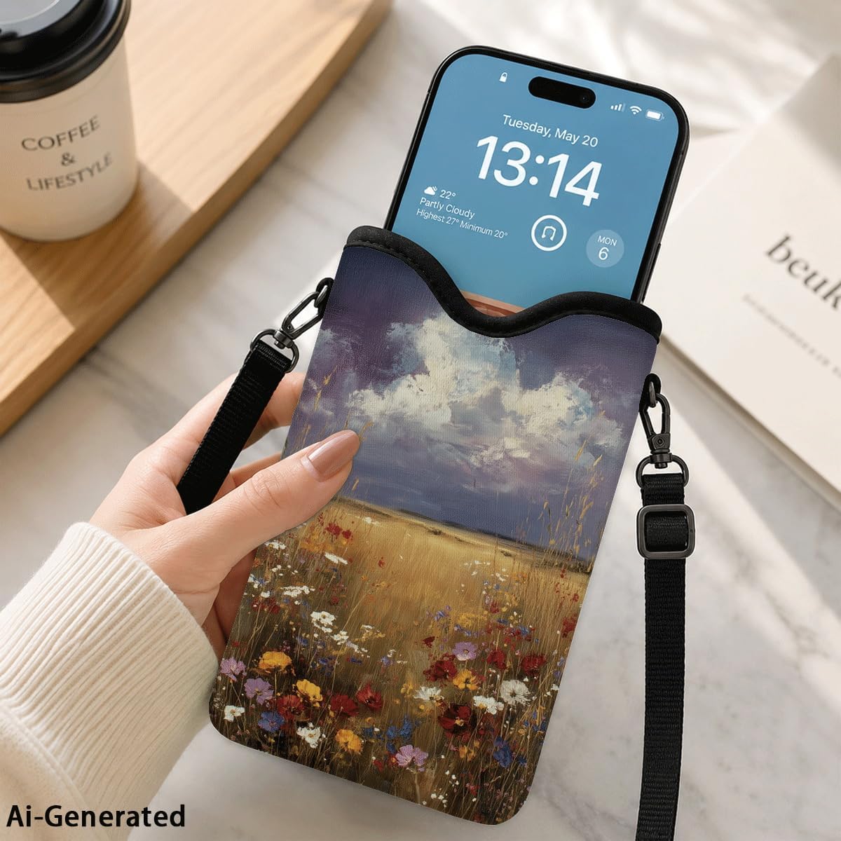 Neoprene Phone Sleeve Pouch Case Bag for Women Men with Crossbody Strap, 7.1x3.9 in, Shockproof Black Cat Mobile Protection Case Bag with Neck Lanyard, Black Cat Garden, Gift for Cats Lovers - Colors A