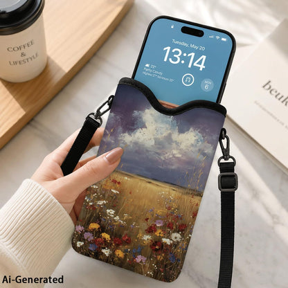 Neoprene Phone Sleeve Pouch Case Bag for Women Men with Crossbody Strap, 7.1x3.9 in, Shockproof Black Cat Mobile Protection Case Bag with Neck Lanyard, Black Cat Garden, Gift for Cats Lovers - Colors A
