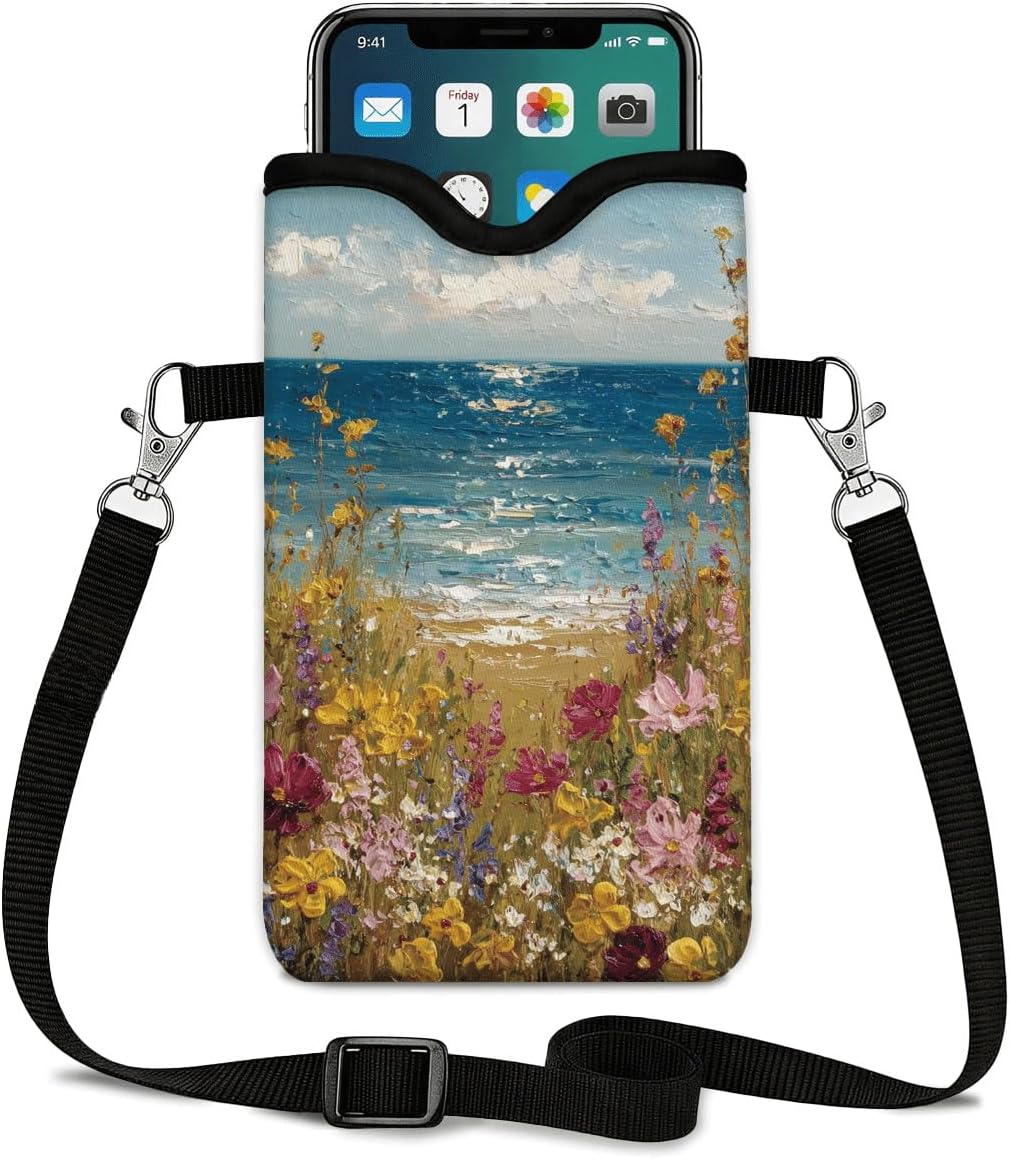 Neoprene Phone Sleeve Pouch Case Bag for Women Men with Crossbody Strap, 7.1x3.9 in, Shockproof Black Cat Mobile Protection Case Bag with Neck Lanyard, Black Cat Garden, Gift for Cats Lovers - Colors A