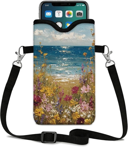 Neoprene Phone Sleeve Pouch Case Bag for Women Men with Crossbody Strap, 7.1x3.9 in, Shockproof Black Cat Mobile Protection Case Bag with Neck Lanyard, Black Cat Garden, Gift for Cats Lovers - Colors A