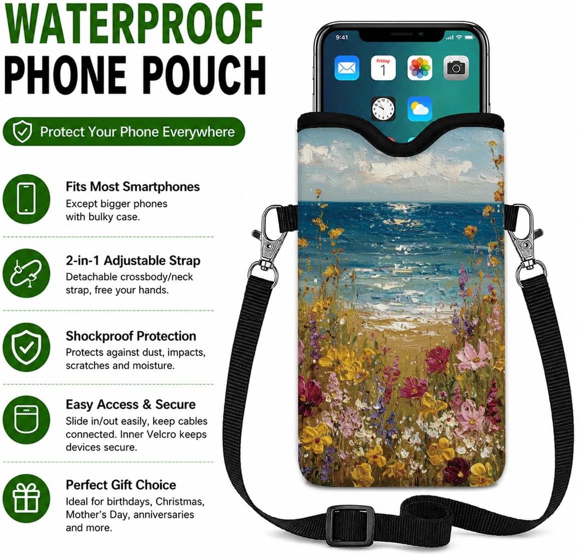 Neoprene Phone Sleeve Pouch Case Bag for Women Men with Crossbody Strap, 7.1x3.9 in, Shockproof Black Cat Mobile Protection Case Bag with Neck Lanyard, Black Cat Garden, Gift for Cats Lovers - Colors A