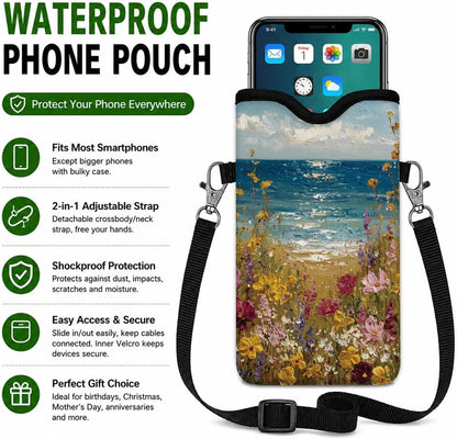 Neoprene Phone Sleeve Pouch Case Bag for Women Men with Crossbody Strap, 7.1x3.9 in, Shockproof Black Cat Mobile Protection Case Bag with Neck Lanyard, Black Cat Garden, Gift for Cats Lovers - Colors A