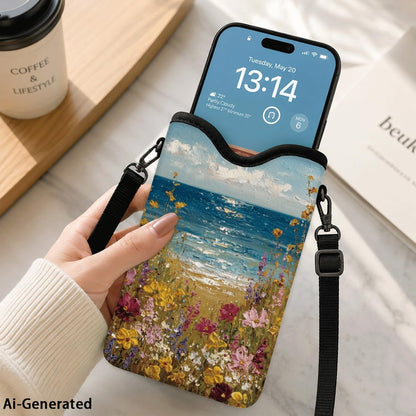 Neoprene Phone Sleeve Pouch Case Bag for Women Men with Crossbody Strap, 7.1x3.9 in, Shockproof Black Cat Mobile Protection Case Bag with Neck Lanyard, Black Cat Garden, Gift for Cats Lovers - Colors A