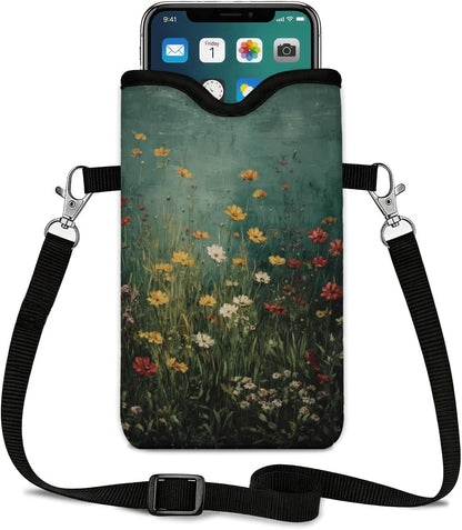 Neoprene Phone Sleeve Pouch Case Bag for Women Men with Crossbody Strap, 7.1x3.9 in, Shockproof Black Cat Mobile Protection Case Bag with Neck Lanyard, Black Cat Garden, Gift for Cats Lovers - Colors A