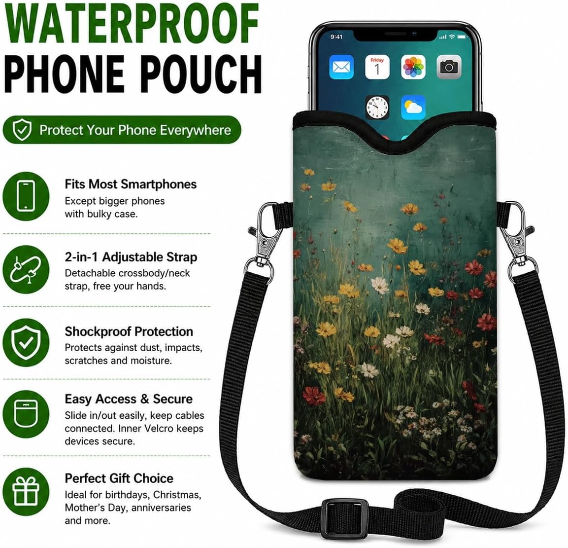 Neoprene Phone Sleeve Pouch Case Bag for Women Men with Crossbody Strap, 7.1x3.9 in, Shockproof Black Cat Mobile Protection Case Bag with Neck Lanyard, Black Cat Garden, Gift for Cats Lovers - Colors A