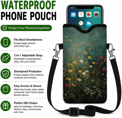 Neoprene Phone Sleeve Pouch Case Bag for Women Men with Crossbody Strap, 7.1x3.9 in, Shockproof Black Cat Mobile Protection Case Bag with Neck Lanyard, Black Cat Garden, Gift for Cats Lovers - Colors A