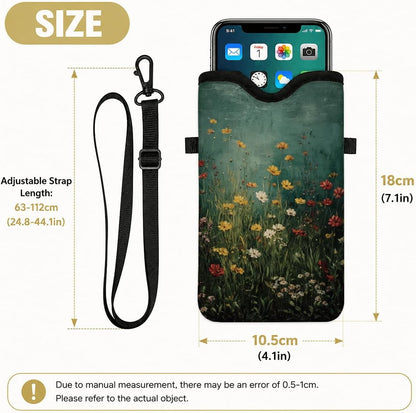 Neoprene Phone Sleeve Pouch Case Bag for Women Men with Crossbody Strap, 7.1x3.9 in, Shockproof Black Cat Mobile Protection Case Bag with Neck Lanyard, Black Cat Garden, Gift for Cats Lovers - Colors A