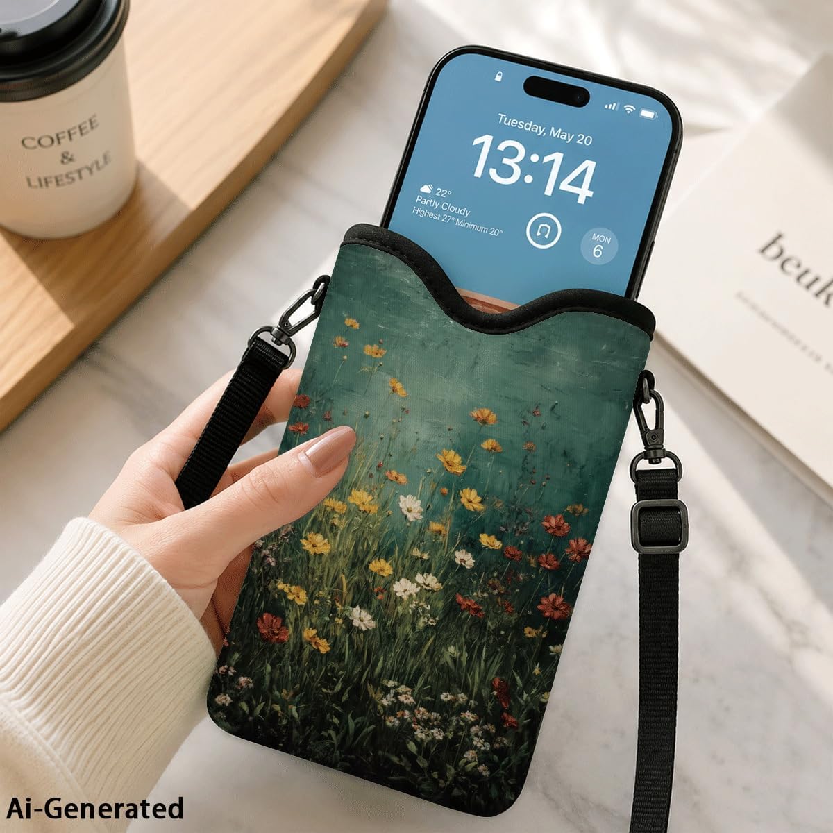 Neoprene Phone Sleeve Pouch Case Bag for Women Men with Crossbody Strap, 7.1x3.9 in, Shockproof Black Cat Mobile Protection Case Bag with Neck Lanyard, Black Cat Garden, Gift for Cats Lovers - Colors A