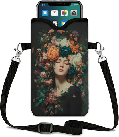 Neoprene Phone Sleeve Pouch Case Bag for Women Men with Crossbody Strap, 7.1x3.9 in, Shockproof Black Cat Mobile Protection Case Bag with Neck Lanyard, Black Cat Garden, Gift for Cats Lovers - Colors A
