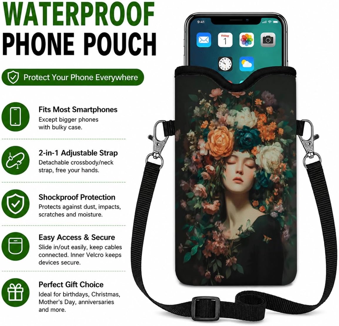 Neoprene Phone Sleeve Pouch Case Bag for Women Men with Crossbody Strap, 7.1x3.9 in, Shockproof Black Cat Mobile Protection Case Bag with Neck Lanyard, Black Cat Garden, Gift for Cats Lovers - Colors A