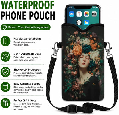 Neoprene Phone Sleeve Pouch Case Bag for Women Men with Crossbody Strap, 7.1x3.9 in, Shockproof Black Cat Mobile Protection Case Bag with Neck Lanyard, Black Cat Garden, Gift for Cats Lovers - Colors A