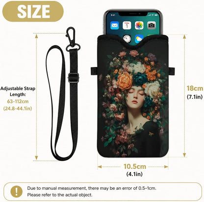 Neoprene Phone Sleeve Pouch Case Bag for Women Men with Crossbody Strap, 7.1x3.9 in, Shockproof Black Cat Mobile Protection Case Bag with Neck Lanyard, Black Cat Garden, Gift for Cats Lovers - Colors A