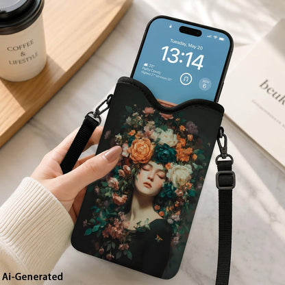Neoprene Phone Sleeve Pouch Case Bag for Women Men with Crossbody Strap, 7.1x3.9 in, Shockproof Black Cat Mobile Protection Case Bag with Neck Lanyard, Black Cat Garden, Gift for Cats Lovers - Colors A