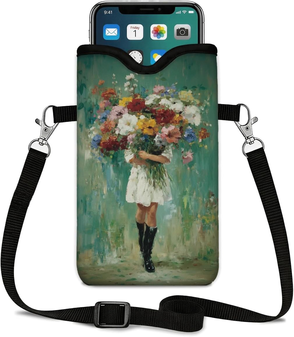 Neoprene Phone Sleeve Pouch Case Bag for Women Men with Crossbody Strap, 7.1x3.9 in, Shockproof Black Cat Mobile Protection Case Bag with Neck Lanyard, Black Cat Garden, Gift for Cats Lovers - Colors A