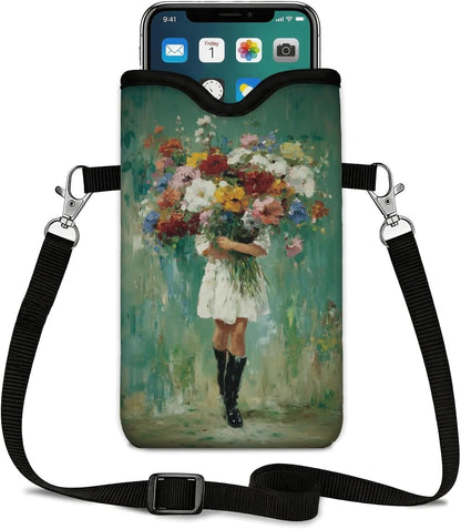 Neoprene Phone Sleeve Pouch Case Bag for Women Men with Crossbody Strap, 7.1x3.9 in, Shockproof Black Cat Mobile Protection Case Bag with Neck Lanyard, Black Cat Garden, Gift for Cats Lovers - Colors A