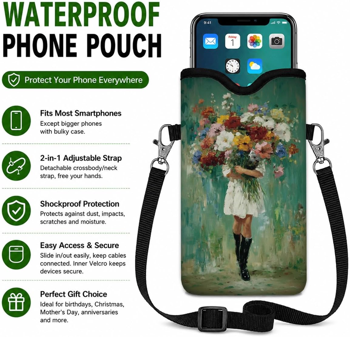 Neoprene Phone Sleeve Pouch Case Bag for Women Men with Crossbody Strap, 7.1x3.9 in, Shockproof Black Cat Mobile Protection Case Bag with Neck Lanyard, Black Cat Garden, Gift for Cats Lovers - Colors A