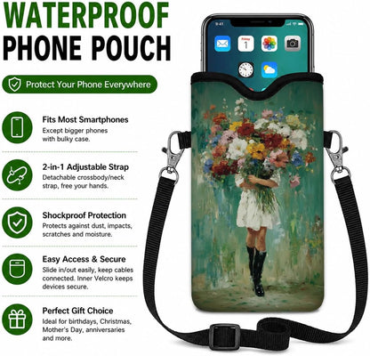 Neoprene Phone Sleeve Pouch Case Bag for Women Men with Crossbody Strap, 7.1x3.9 in, Shockproof Black Cat Mobile Protection Case Bag with Neck Lanyard, Black Cat Garden, Gift for Cats Lovers - Colors A