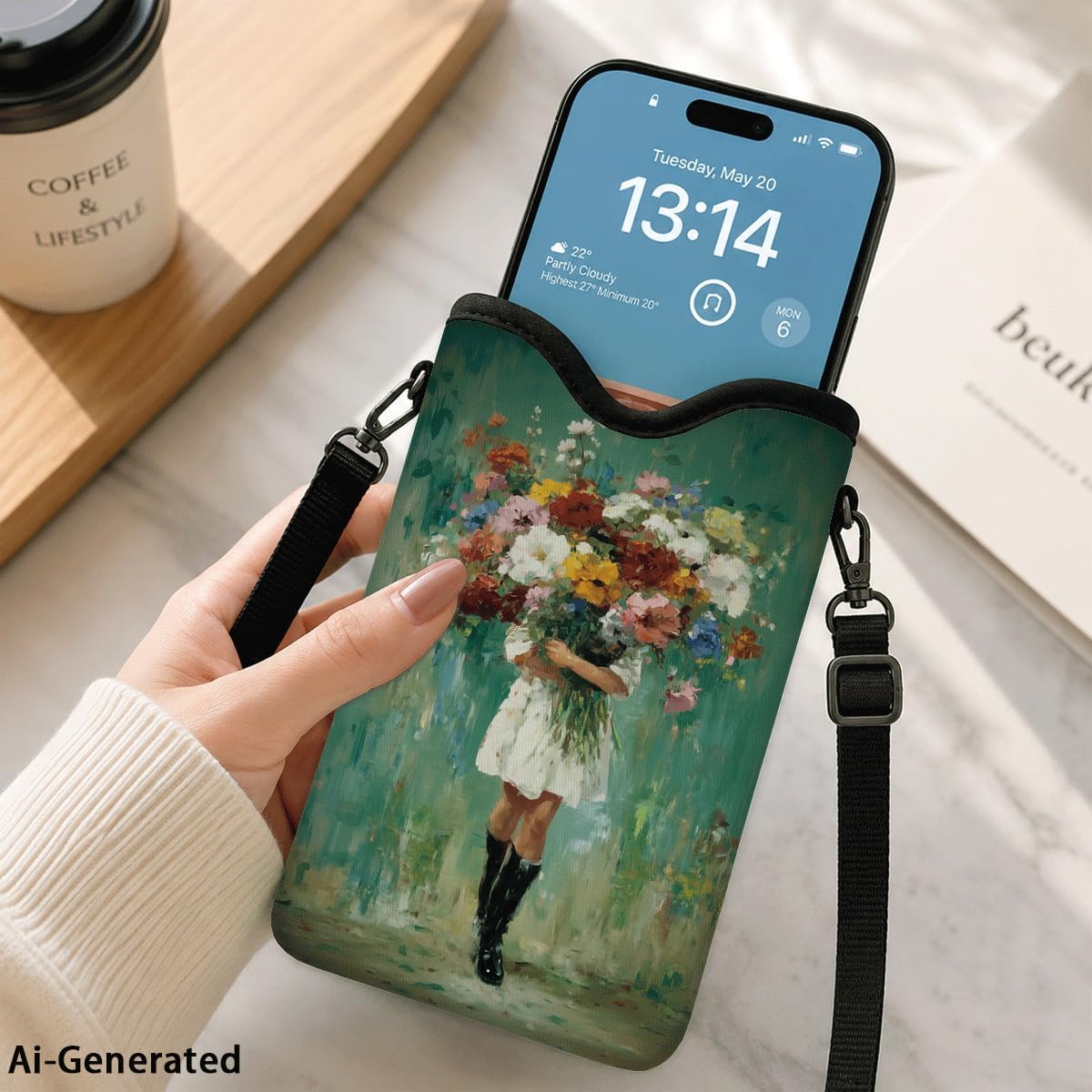Neoprene Phone Sleeve Pouch Case Bag for Women Men with Crossbody Strap, 7.1x3.9 in, Shockproof Black Cat Mobile Protection Case Bag with Neck Lanyard, Black Cat Garden, Gift for Cats Lovers - Colors A