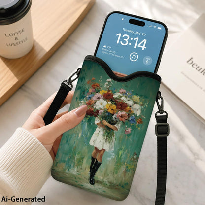 Neoprene Phone Sleeve Pouch Case Bag for Women Men with Crossbody Strap, 7.1x3.9 in, Shockproof Black Cat Mobile Protection Case Bag with Neck Lanyard, Black Cat Garden, Gift for Cats Lovers - Colors A