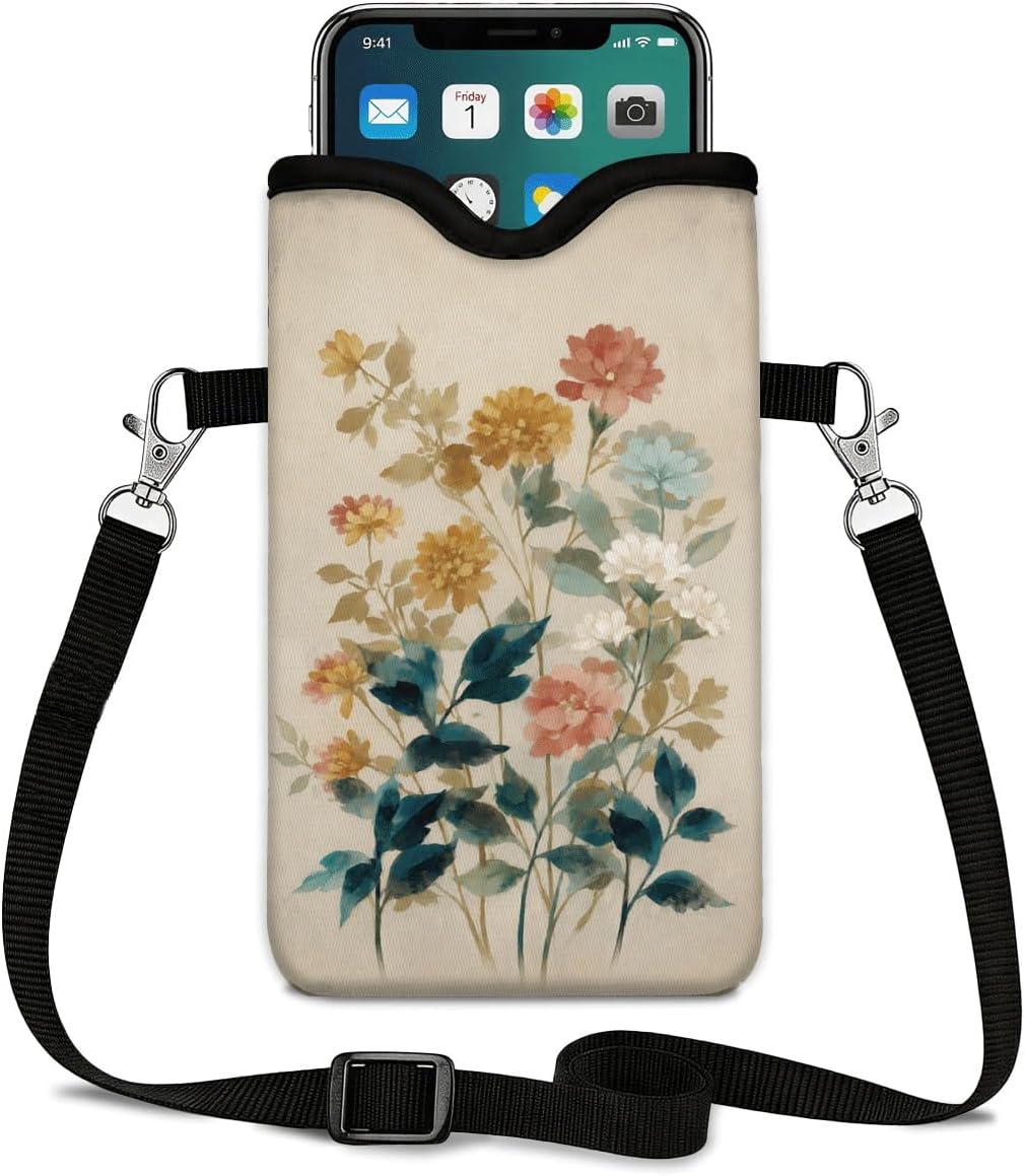 Neoprene Phone Sleeve Pouch Case Bag for Women Men with Crossbody Strap, 7.1x3.9 in, Shockproof Black Cat Mobile Protection Case Bag with Neck Lanyard, Black Cat Garden, Gift for Cats Lovers - Colors A