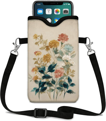 Neoprene Phone Sleeve Pouch Case Bag for Women Men with Crossbody Strap, 7.1x3.9 in, Shockproof Black Cat Mobile Protection Case Bag with Neck Lanyard, Black Cat Garden, Gift for Cats Lovers - Colors A