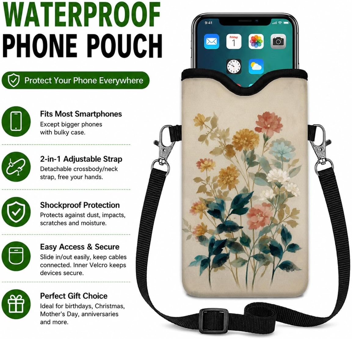 Neoprene Phone Sleeve Pouch Case Bag for Women Men with Crossbody Strap, 7.1x3.9 in, Shockproof Black Cat Mobile Protection Case Bag with Neck Lanyard, Black Cat Garden, Gift for Cats Lovers - Colors A