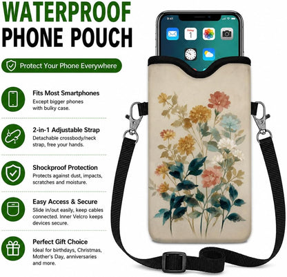 Neoprene Phone Sleeve Pouch Case Bag for Women Men with Crossbody Strap, 7.1x3.9 in, Shockproof Black Cat Mobile Protection Case Bag with Neck Lanyard, Black Cat Garden, Gift for Cats Lovers - Colors A