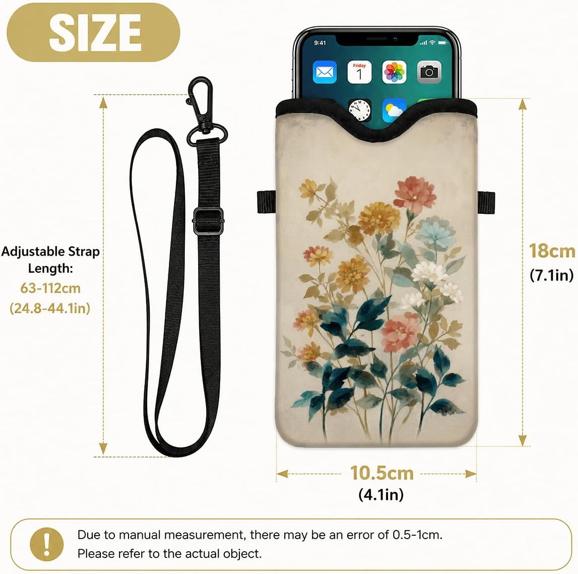 Neoprene Phone Sleeve Pouch Case Bag for Women Men with Crossbody Strap, 7.1x3.9 in, Shockproof Black Cat Mobile Protection Case Bag with Neck Lanyard, Black Cat Garden, Gift for Cats Lovers - Colors A