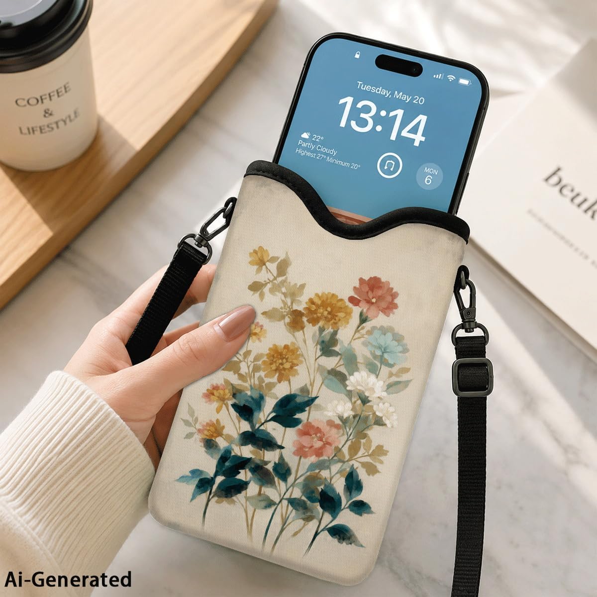 Neoprene Phone Sleeve Pouch Case Bag for Women Men with Crossbody Strap, 7.1x3.9 in, Shockproof Black Cat Mobile Protection Case Bag with Neck Lanyard, Black Cat Garden, Gift for Cats Lovers - Colors A