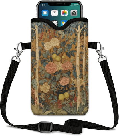 Neoprene Phone Sleeve Pouch Case Bag for Women Men with Crossbody Strap, 7.1x3.9 in, Shockproof Black Cat Mobile Protection Case Bag with Neck Lanyard, Black Cat Garden, Gift for Cats Lovers - Colors A