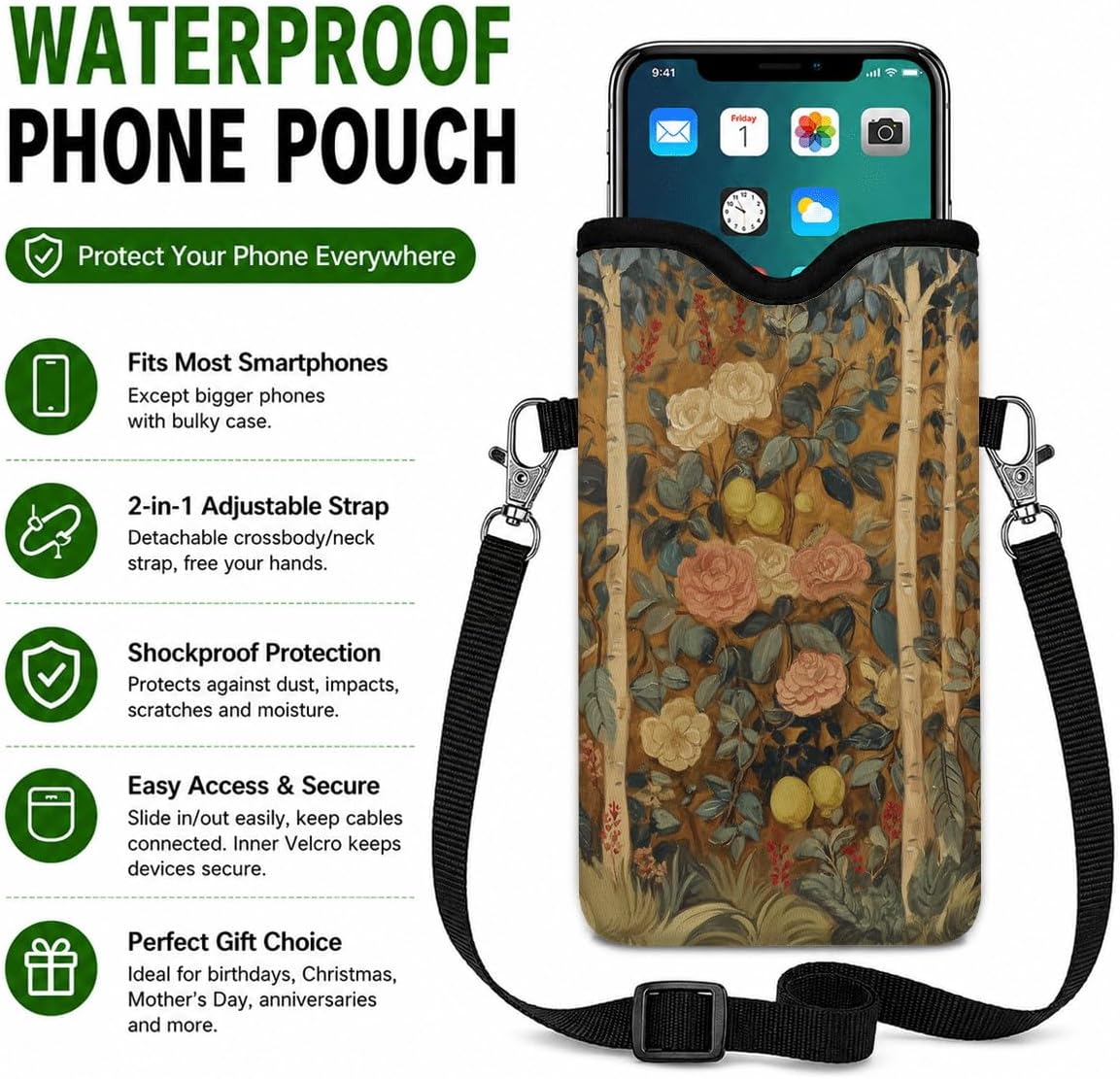 Neoprene Phone Sleeve Pouch Case Bag for Women Men with Crossbody Strap, 7.1x3.9 in, Shockproof Black Cat Mobile Protection Case Bag with Neck Lanyard, Black Cat Garden, Gift for Cats Lovers - Colors A