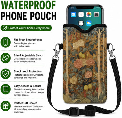 Neoprene Phone Sleeve Pouch Case Bag for Women Men with Crossbody Strap, 7.1x3.9 in, Shockproof Black Cat Mobile Protection Case Bag with Neck Lanyard, Black Cat Garden, Gift for Cats Lovers - Colors A
