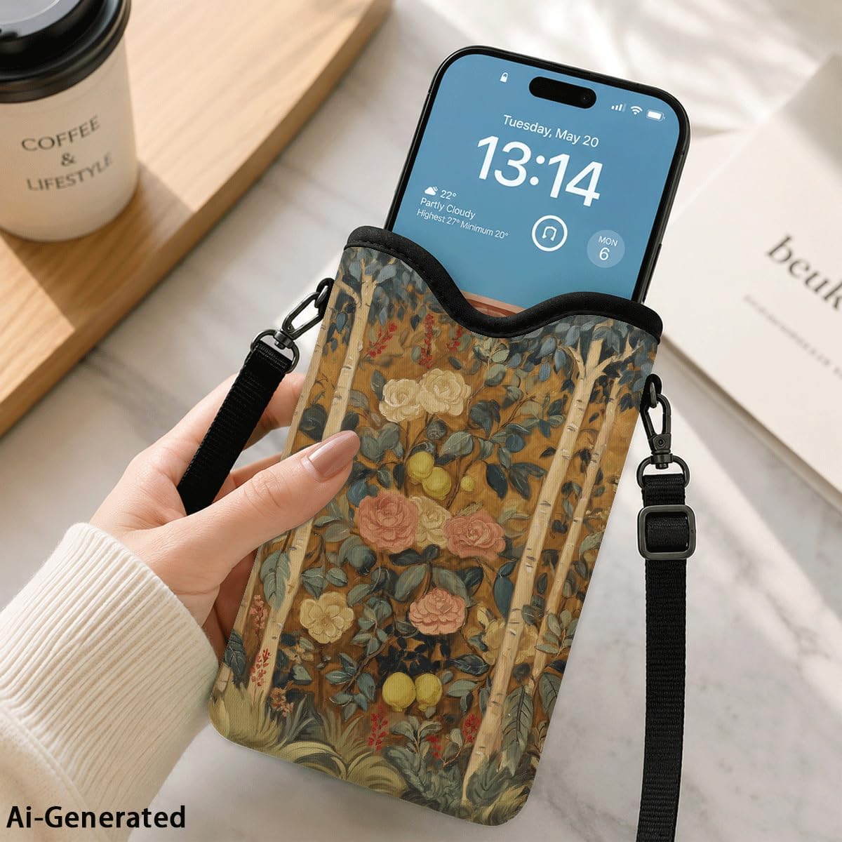 Neoprene Phone Sleeve Pouch Case Bag for Women Men with Crossbody Strap, 7.1x3.9 in, Shockproof Black Cat Mobile Protection Case Bag with Neck Lanyard, Black Cat Garden, Gift for Cats Lovers - Colors A