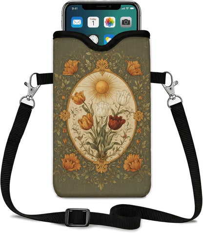 Neoprene Phone Sleeve Pouch Case Bag for Women Men with Crossbody Strap, 7.1x3.9 in, Shockproof Black Cat Mobile Protection Case Bag with Neck Lanyard, Black Cat Garden, Gift for Cats Lovers - Colors A
