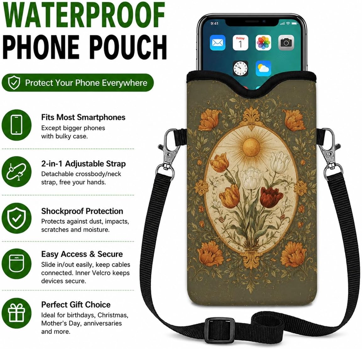 Neoprene Phone Sleeve Pouch Case Bag for Women Men with Crossbody Strap, 7.1x3.9 in, Shockproof Black Cat Mobile Protection Case Bag with Neck Lanyard, Black Cat Garden, Gift for Cats Lovers - Colors A