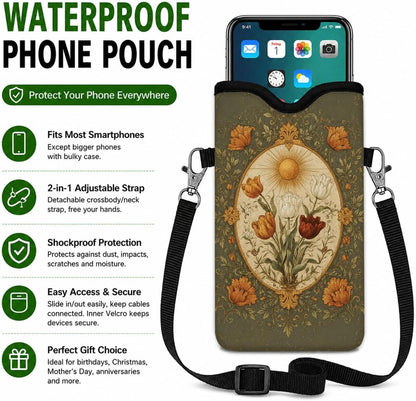 Neoprene Phone Sleeve Pouch Case Bag for Women Men with Crossbody Strap, 7.1x3.9 in, Shockproof Black Cat Mobile Protection Case Bag with Neck Lanyard, Black Cat Garden, Gift for Cats Lovers - Colors A