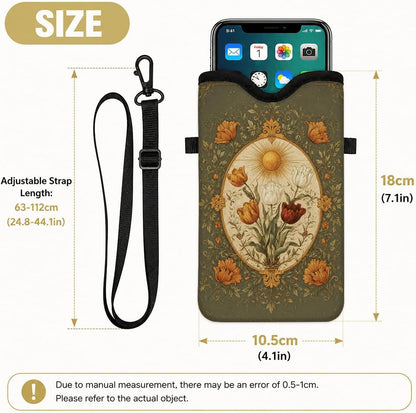 Neoprene Phone Sleeve Pouch Case Bag for Women Men with Crossbody Strap, 7.1x3.9 in, Shockproof Black Cat Mobile Protection Case Bag with Neck Lanyard, Black Cat Garden, Gift for Cats Lovers - Colors A