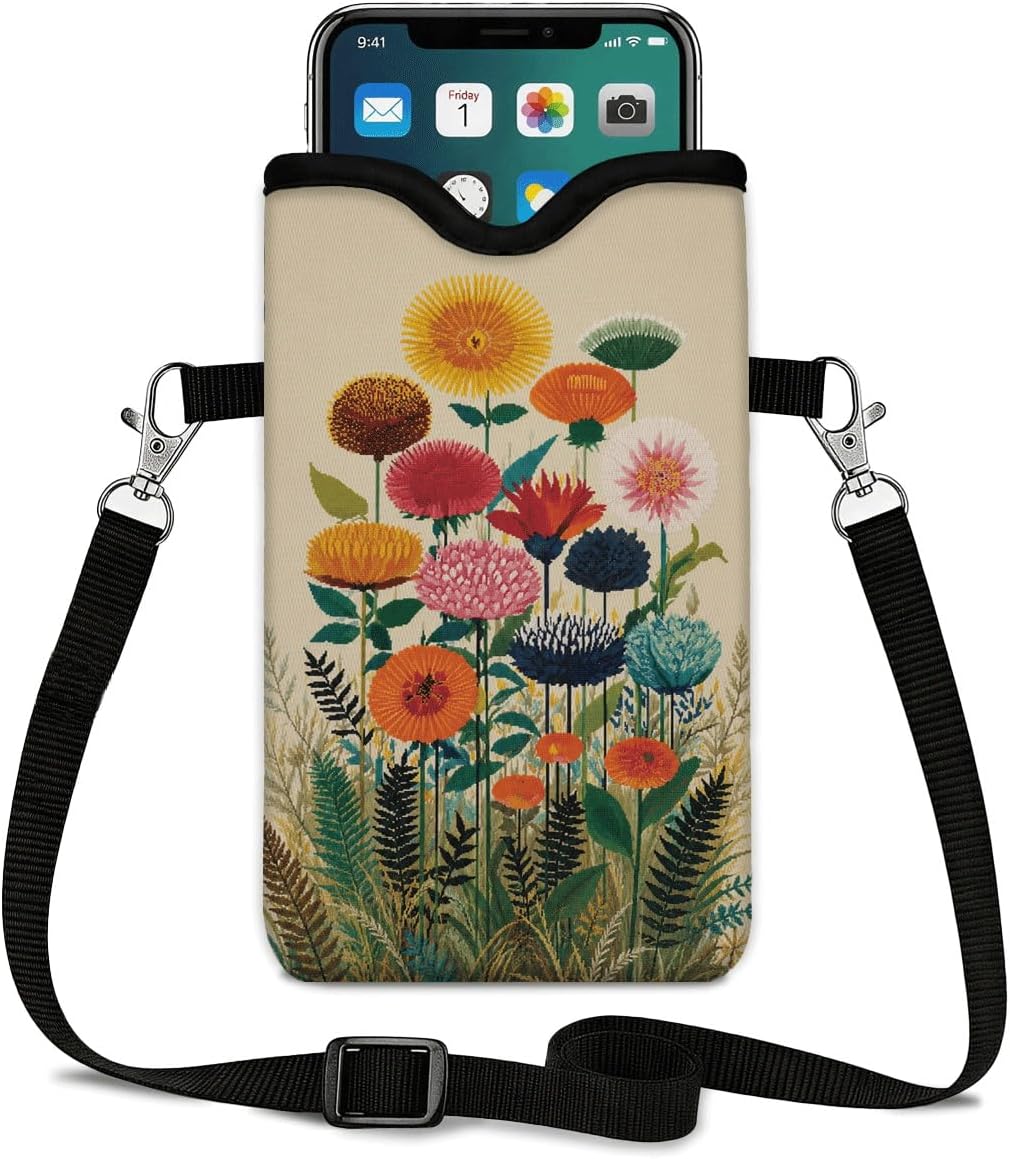 Neoprene Phone Sleeve Pouch Case Bag for Women Men with Crossbody Strap, 7.1x3.9 in, Shockproof Black Cat Mobile Protection Case Bag with Neck Lanyard, Black Cat Garden, Gift for Cats Lovers - Colors A