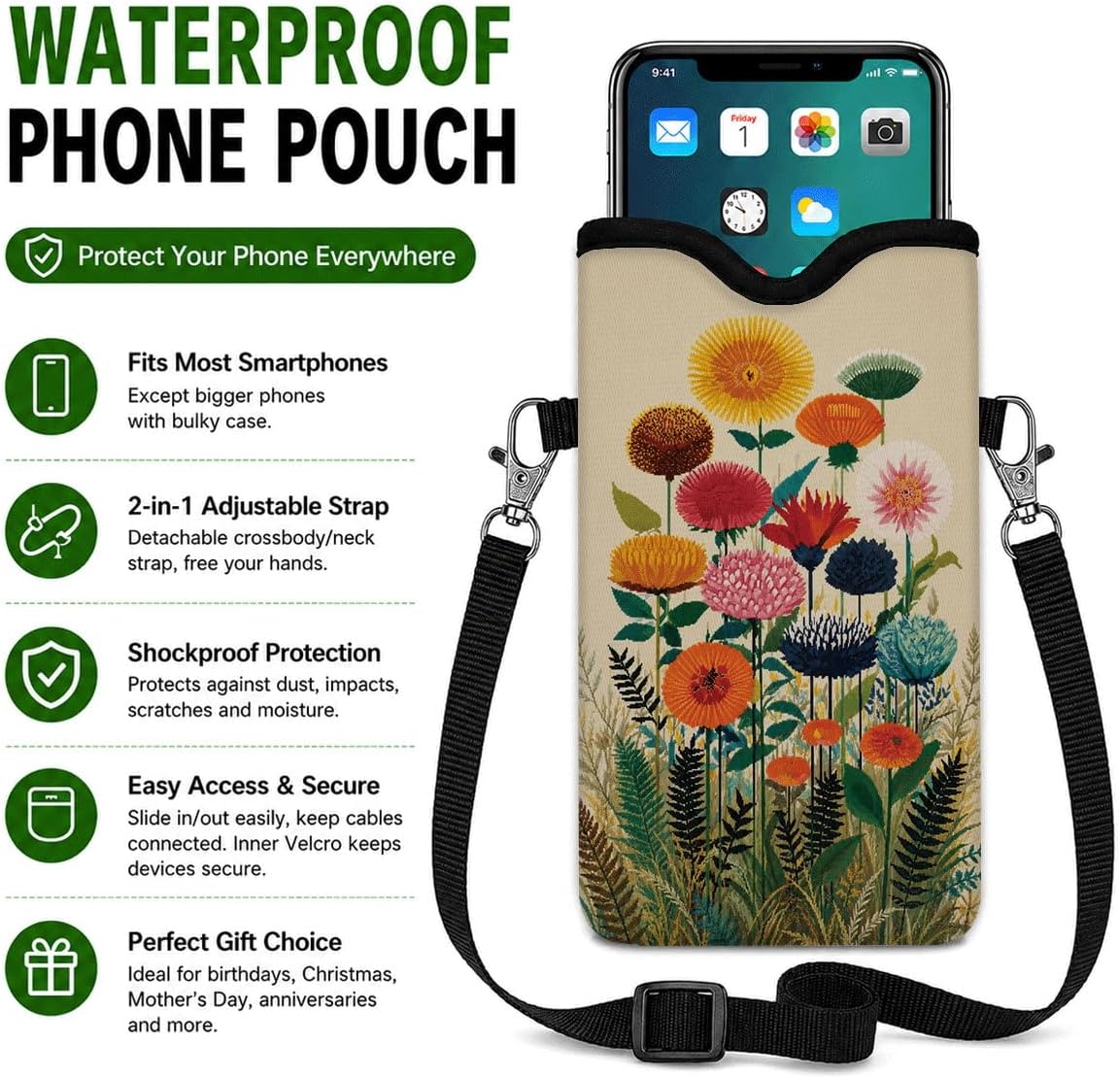 Neoprene Phone Sleeve Pouch Case Bag for Women Men with Crossbody Strap, 7.1x3.9 in, Shockproof Black Cat Mobile Protection Case Bag with Neck Lanyard, Black Cat Garden, Gift for Cats Lovers - Colors A