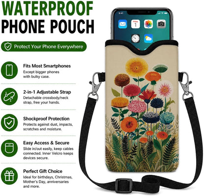 Neoprene Phone Sleeve Pouch Case Bag for Women Men with Crossbody Strap, 7.1x3.9 in, Shockproof Black Cat Mobile Protection Case Bag with Neck Lanyard, Black Cat Garden, Gift for Cats Lovers - Colors A