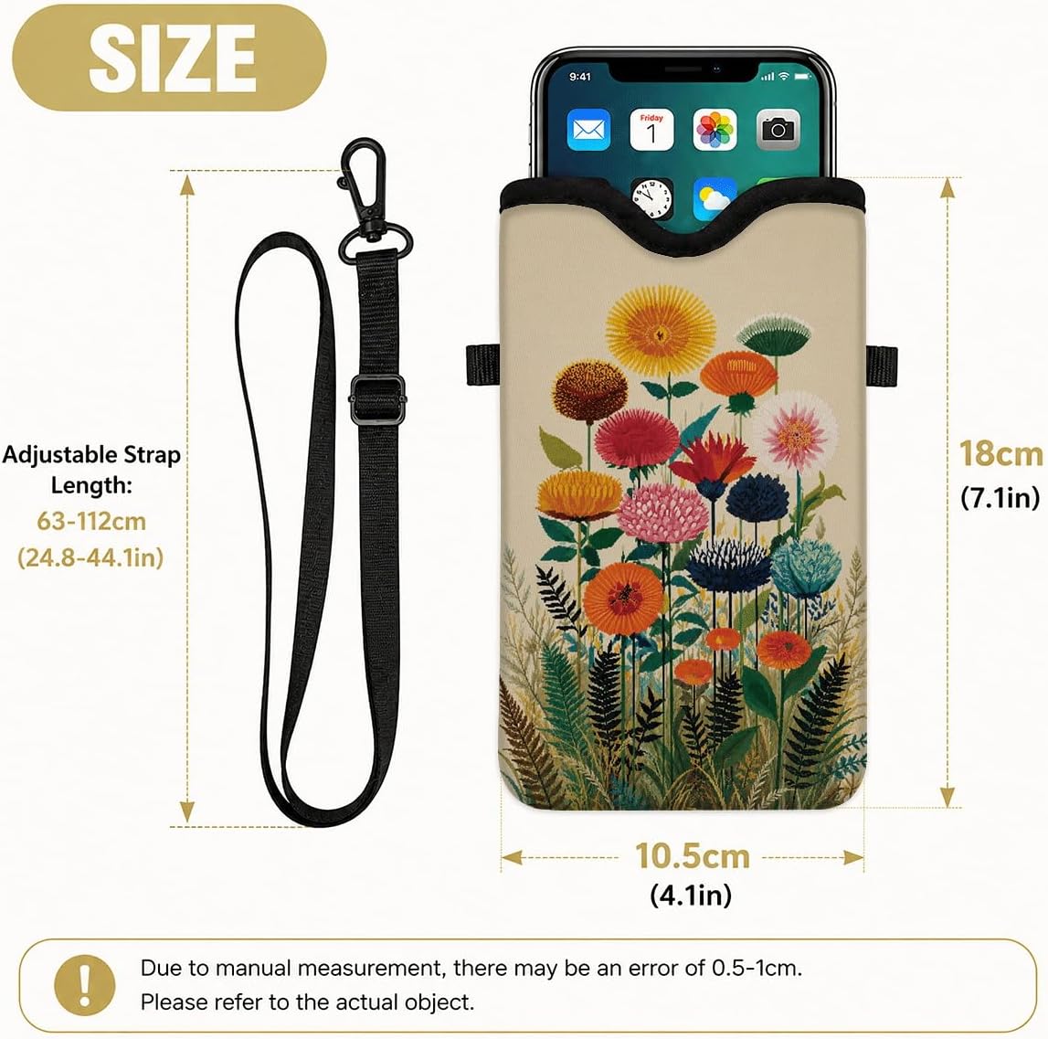Neoprene Phone Sleeve Pouch Case Bag for Women Men with Crossbody Strap, 7.1x3.9 in, Shockproof Black Cat Mobile Protection Case Bag with Neck Lanyard, Black Cat Garden, Gift for Cats Lovers - Colors A
