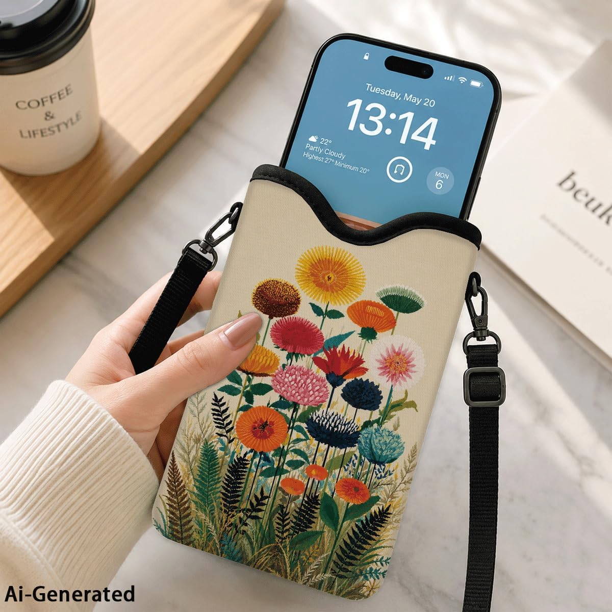 Neoprene Phone Sleeve Pouch Case Bag for Women Men with Crossbody Strap, 7.1x3.9 in, Shockproof Black Cat Mobile Protection Case Bag with Neck Lanyard, Black Cat Garden, Gift for Cats Lovers - Colors A