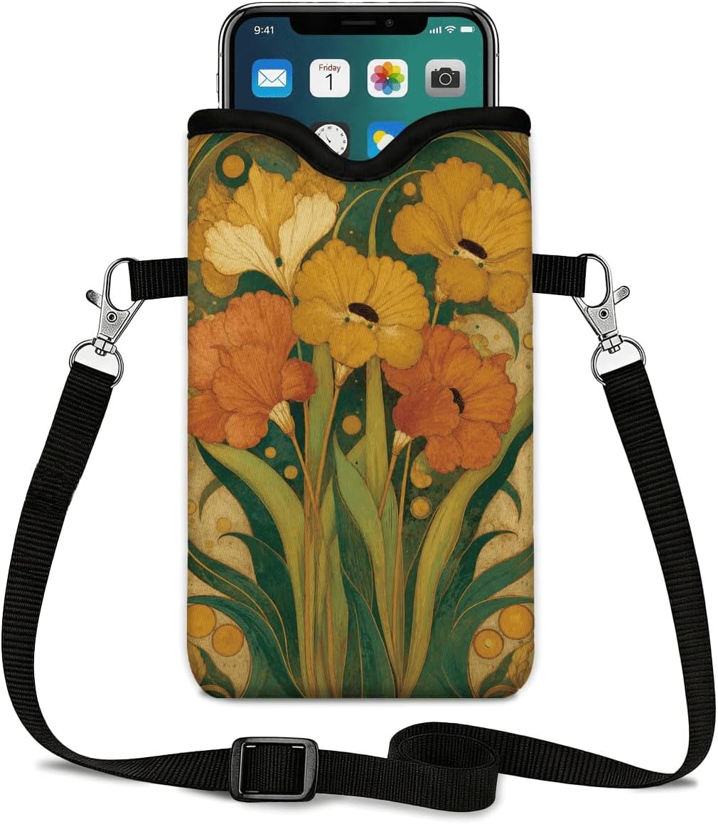 Neoprene Phone Sleeve Pouch Case Bag for Women Men with Crossbody Strap, 7.1x3.9 in, Shockproof Black Cat Mobile Protection Case Bag with Neck Lanyard, Black Cat Garden, Gift for Cats Lovers - Colors A